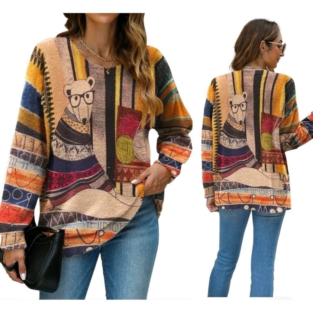Womens Bear with Glasses Graphic Knit Sweater Cotton‎ Wool Blend Multi Color L